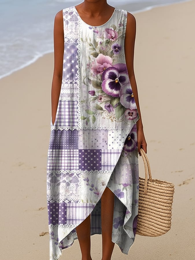 Women's Purple Retro Floral Butterfly Geometric Mixed Print Irregular Hem Sleeveless Dress