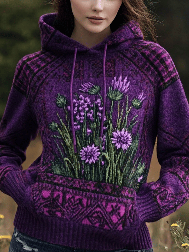 Women's Purple Flowers Embroidery Pattern Cozy Hooded Top