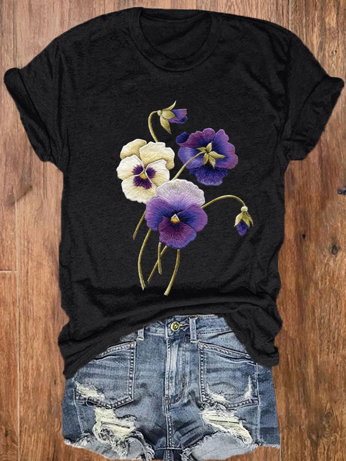 Women's Alzheimer's Awareness Purple Floral Print Crew Neck T-Shirt