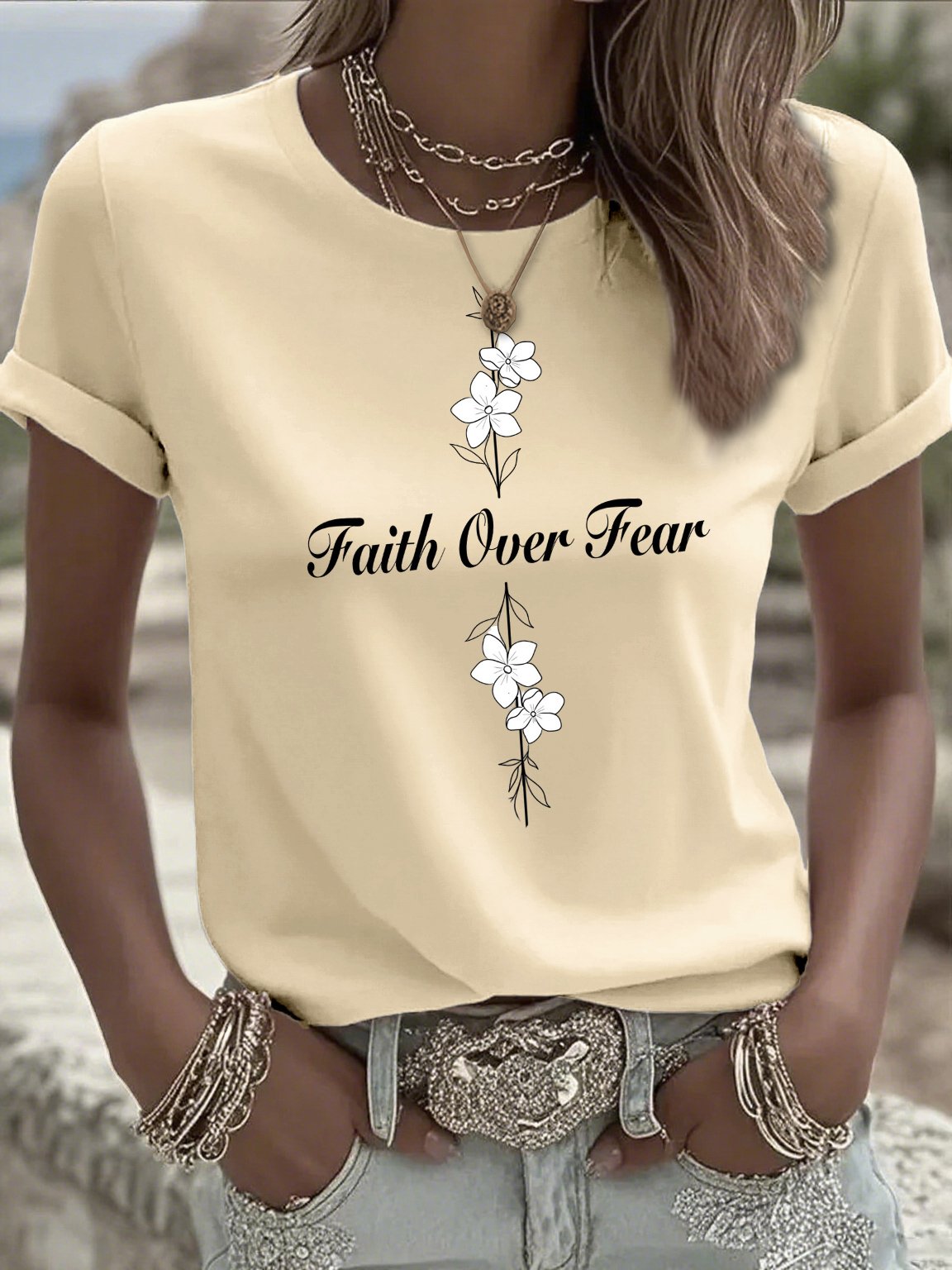 Women's Casual Faith Overcomes Fear Cross T-Shirt