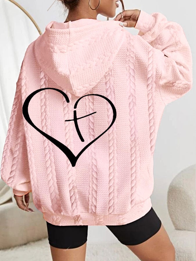 Women's Blessed Love Cross Printed Casual Cable Hoodie