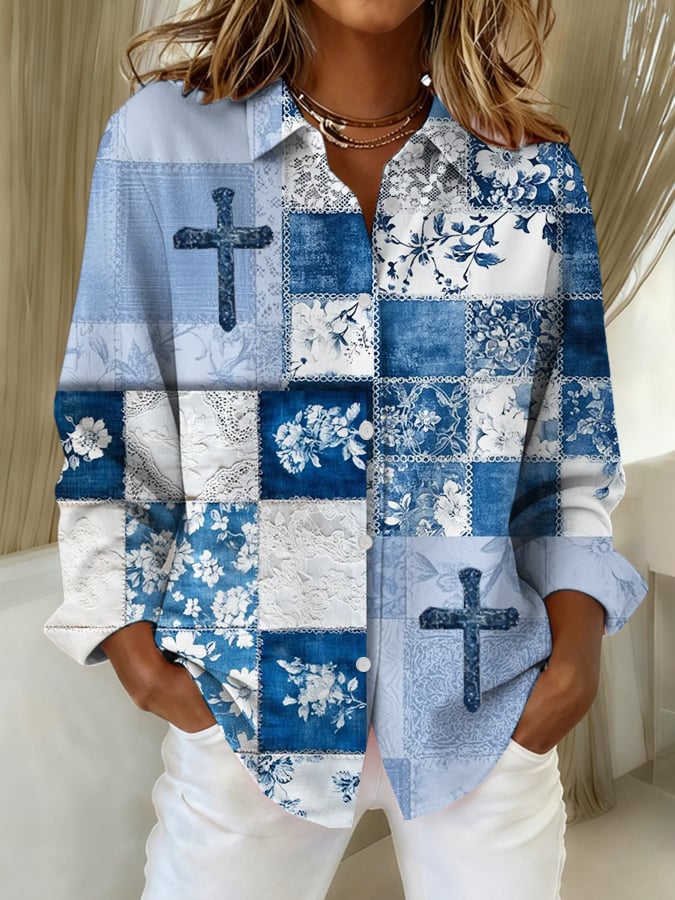 Women's Floral Faith Art Print Linen Top