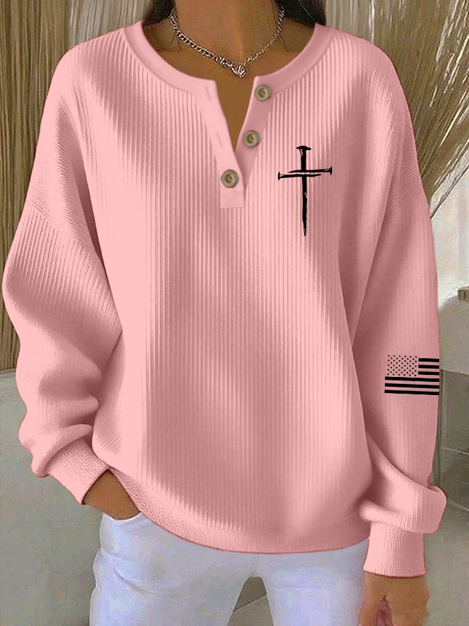 Women's Vintage Faith Cross Print Knitted Crew Neck Long Sleeve Top