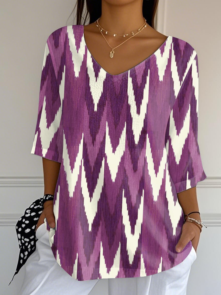Women's Summer Purple Geometric Stripe Print Long Striped T-shirt