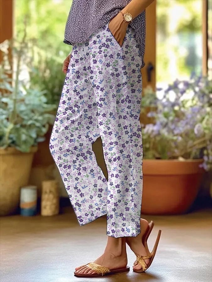 Womens Alzheimer's Awareness Purple Floral Cotton and Linen Casual Pants
