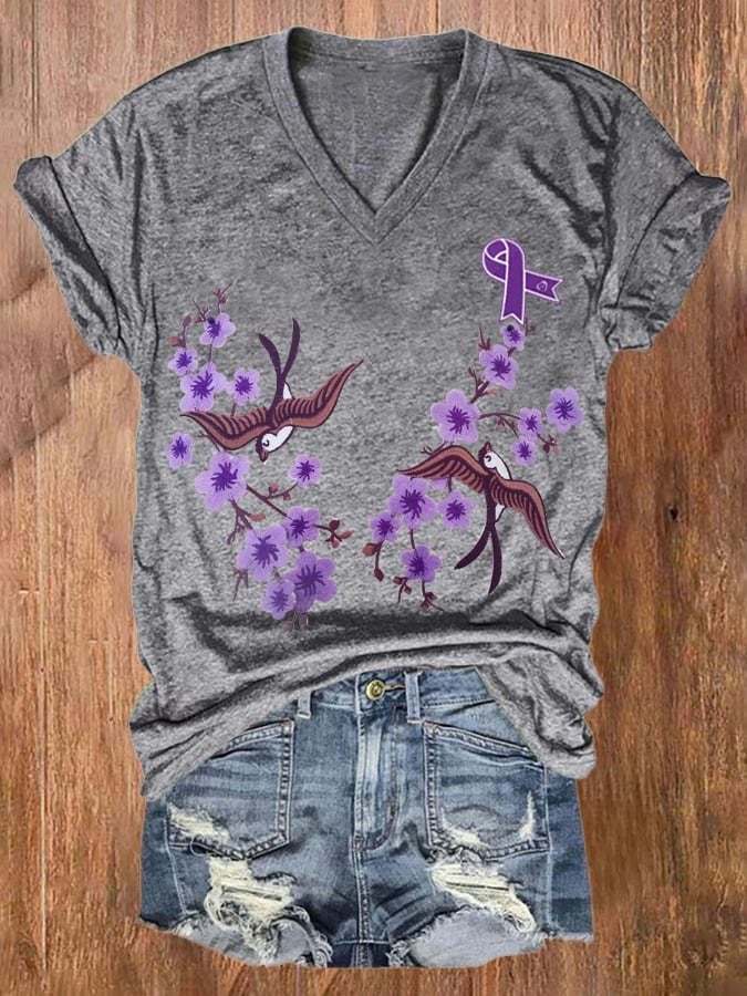Women's Purple Alzheimer Awareness Flowers Print T-shirt
