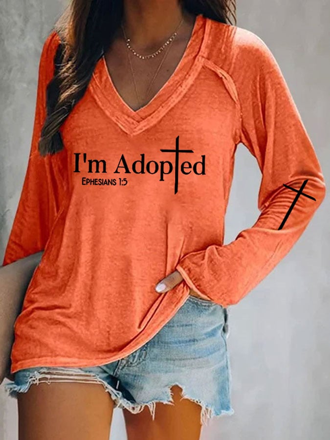 V-neck Retro I'm Adopted Ephesians 1:5 Print T-Shirt