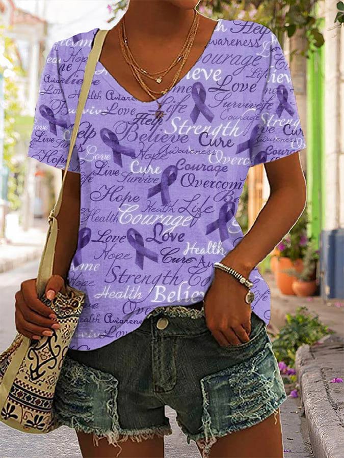 Women's Alzheimer's Awareness Love Hope Cure Strength Believe Print V-Neck Tee