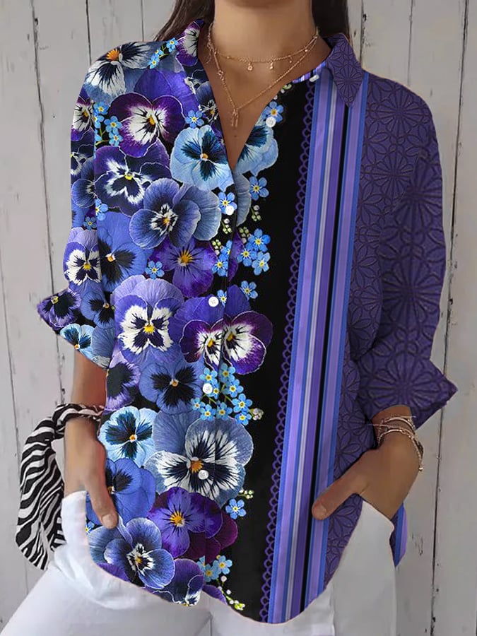 Women's Purple Art Floral Print Casual Lapel Shirt