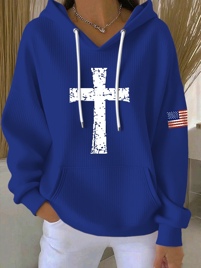 Women's Casual Faith Cross Flag Hoodie