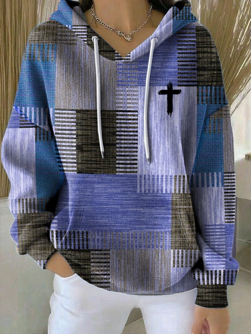 Women's Casual Autumn Faith Contrast Color Square Striped Cardigan Hoodie