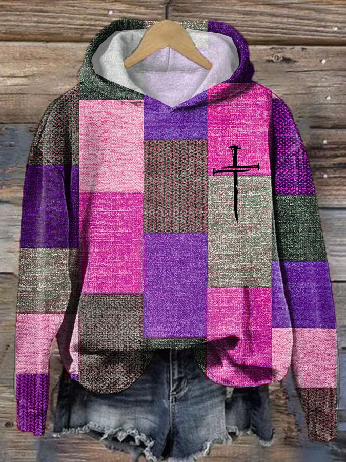 Women's Casual Autumn And Winter Retro Color Block Contrast Faith Hoodie