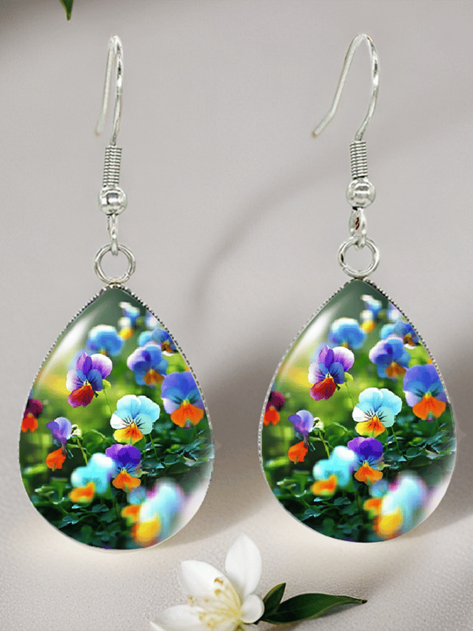 Purple Drop-Shaped Pansy Flower Design Earrings