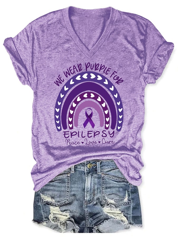 V-neck Epilepsy Awareness We Wear Purple For Epilepsy Peace Love Cure Print T-Shirt
