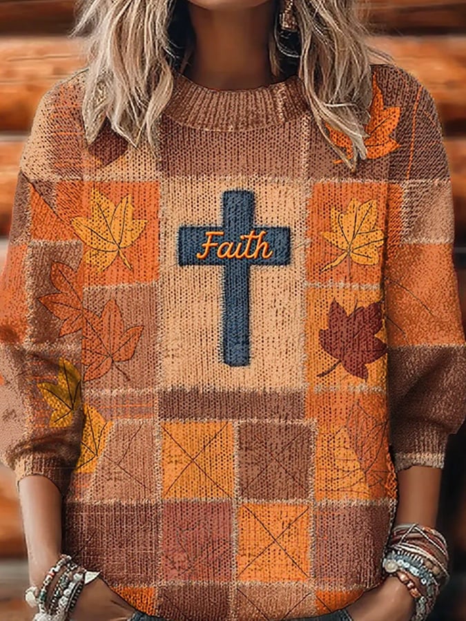 Women's Retro Casual Faith Cross Art Print Sweater