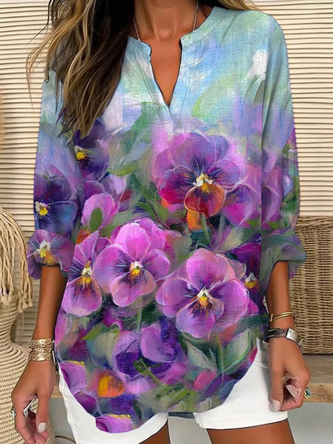 Women's Casual Retro Purple Art Cotton And Linen Shirt