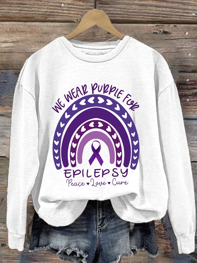 Retro Epilepsy Awareness We Wear Purple For Epilepsy Peace Love Cure Print Sweatshirt