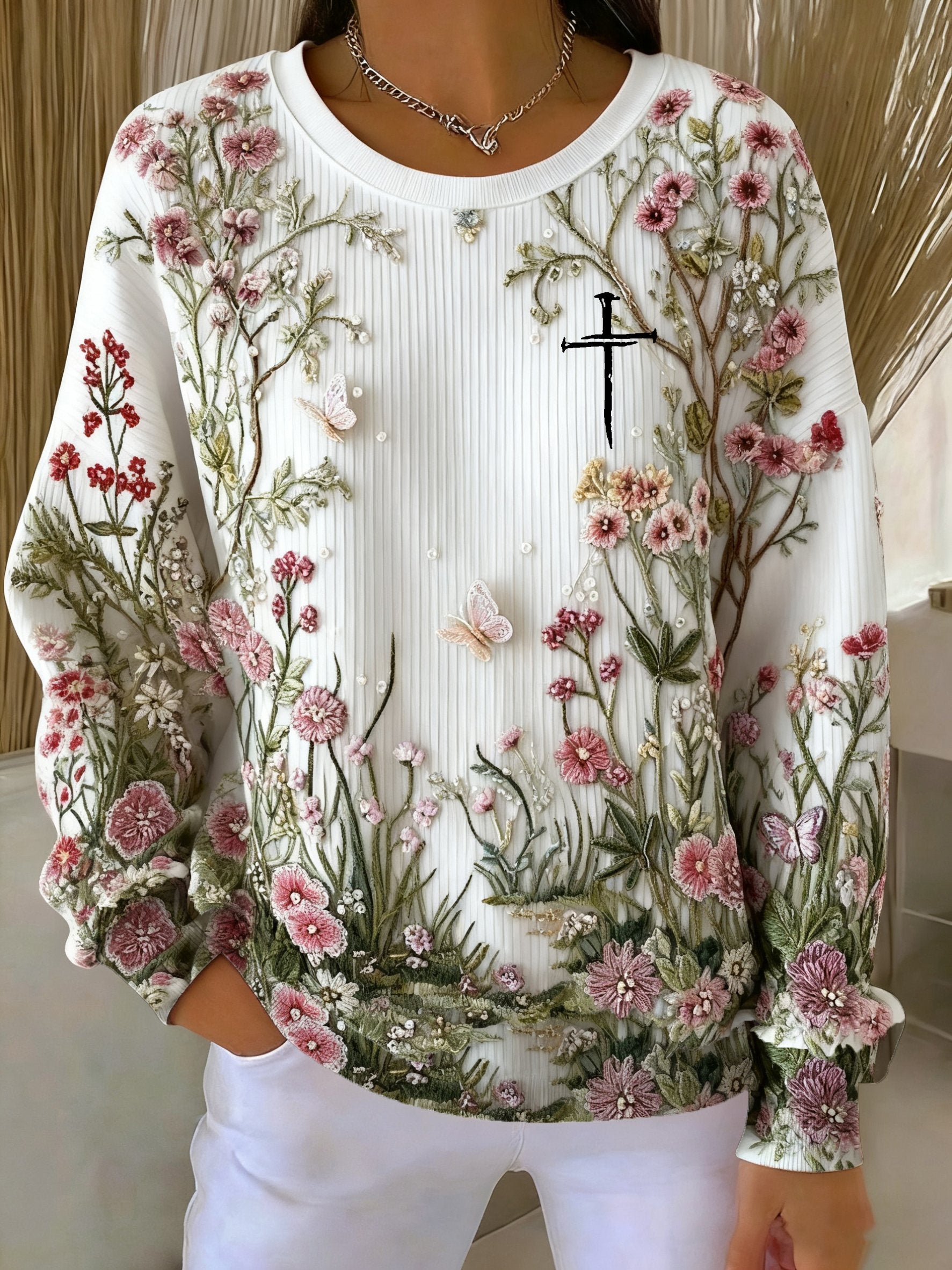 Women's Faith Print Knitted Crew Neck Long Sleeve Top