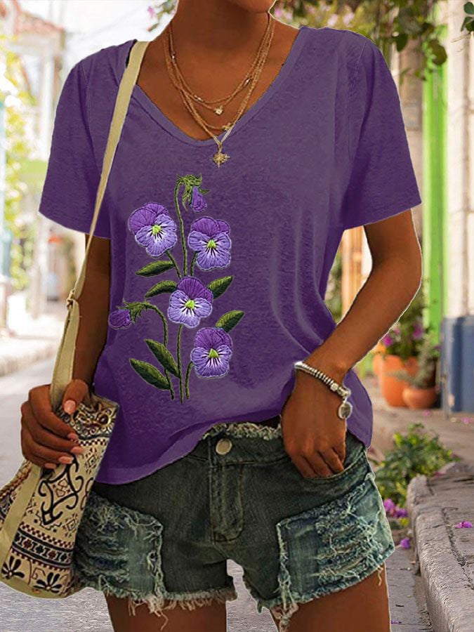 Women's Purple Flower Alzheimer's Awareness Support Print Casual V-Neck Tee