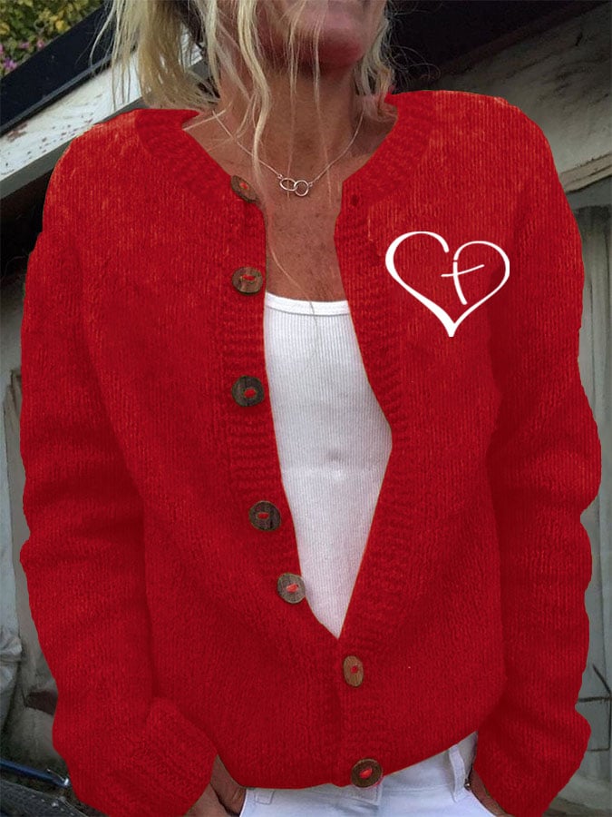 Women's Christian Heart Cross Print Cozy Knit Cardigan