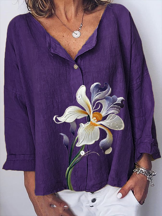 Women's Purple Floral Print Casual Cotton And Linen Top