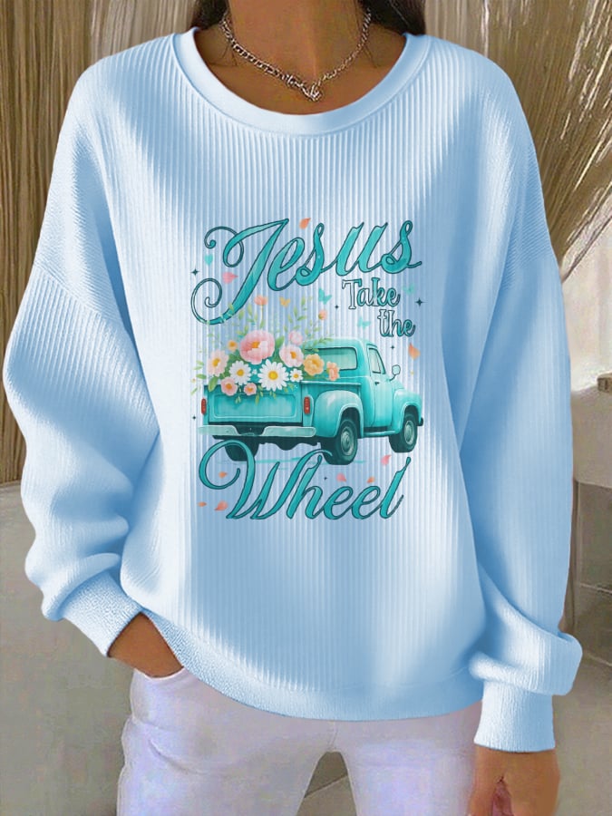 Women's Jesus Take The Wheel Daisies Graphic Print Sweatshirt