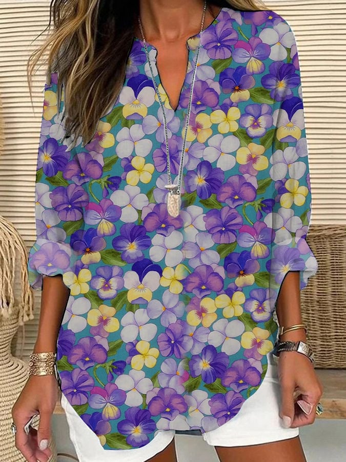 Women's Casual Purple Art Pansy Cotton and Linen Shirt