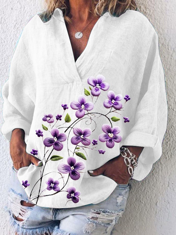 Women's Cotton And Linen Purple Floral V-Neck Top