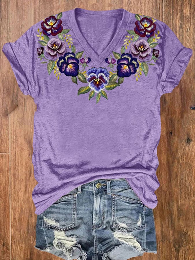 Women's Alzheimer's Purple Floral V-Neck T-Shirt