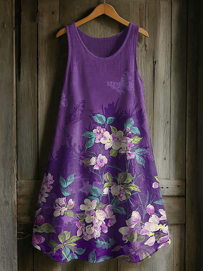 Women's Alzheimer's Floral Butterfly Print Linen Blend Tank Dress