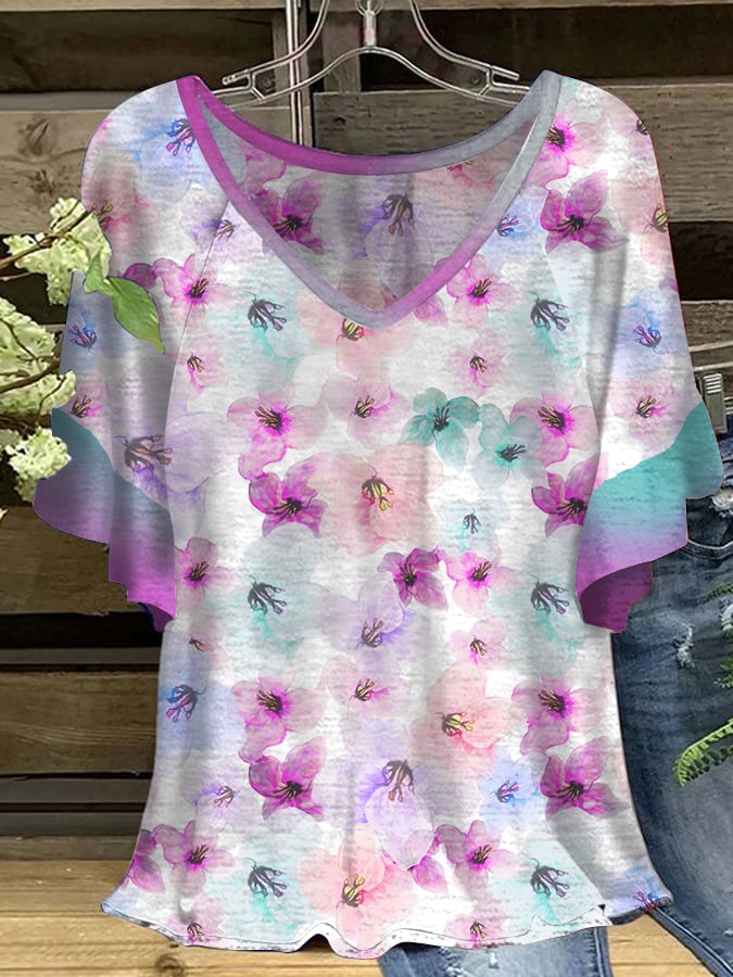 Women's Butterfly Floral Dementia Alzheimer's Disease Awareness Print V-Neck Ruffle Sleeve T-Shirt