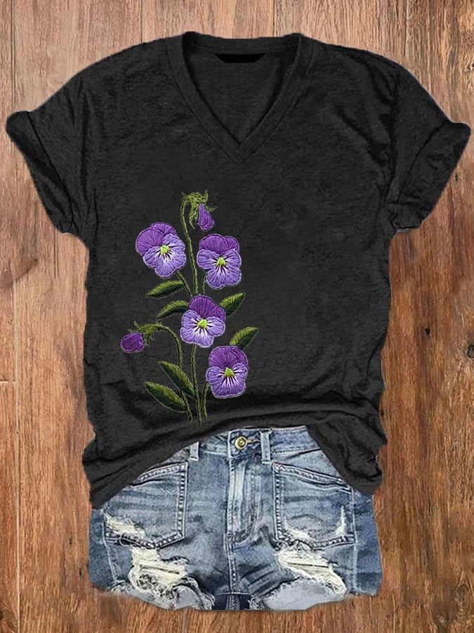 Women's Purple Flower Alzheimer's Awareness Support Printed V-Neck Tee
