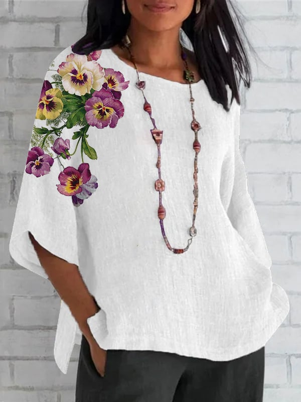 Women's Round Neck Purple Floral Print Round Neck Loose Shirt