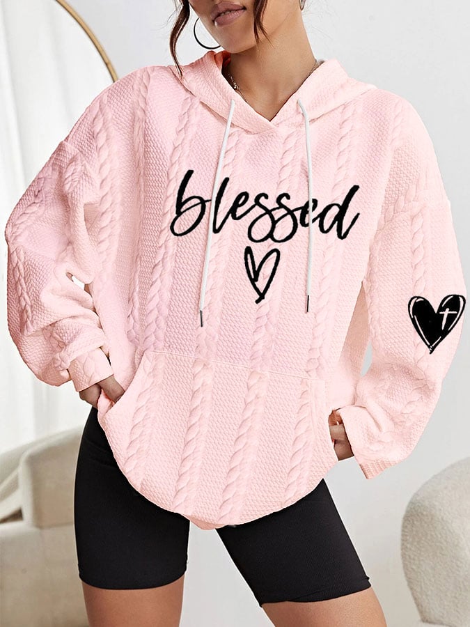 Women's Blessed Love Cross Printed Casual Cable Hoodie