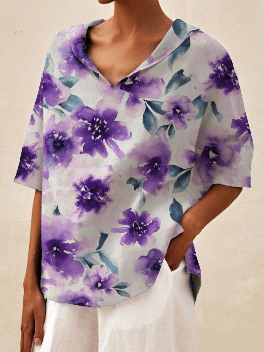 Women's Floral Print Casual Linen Shirt