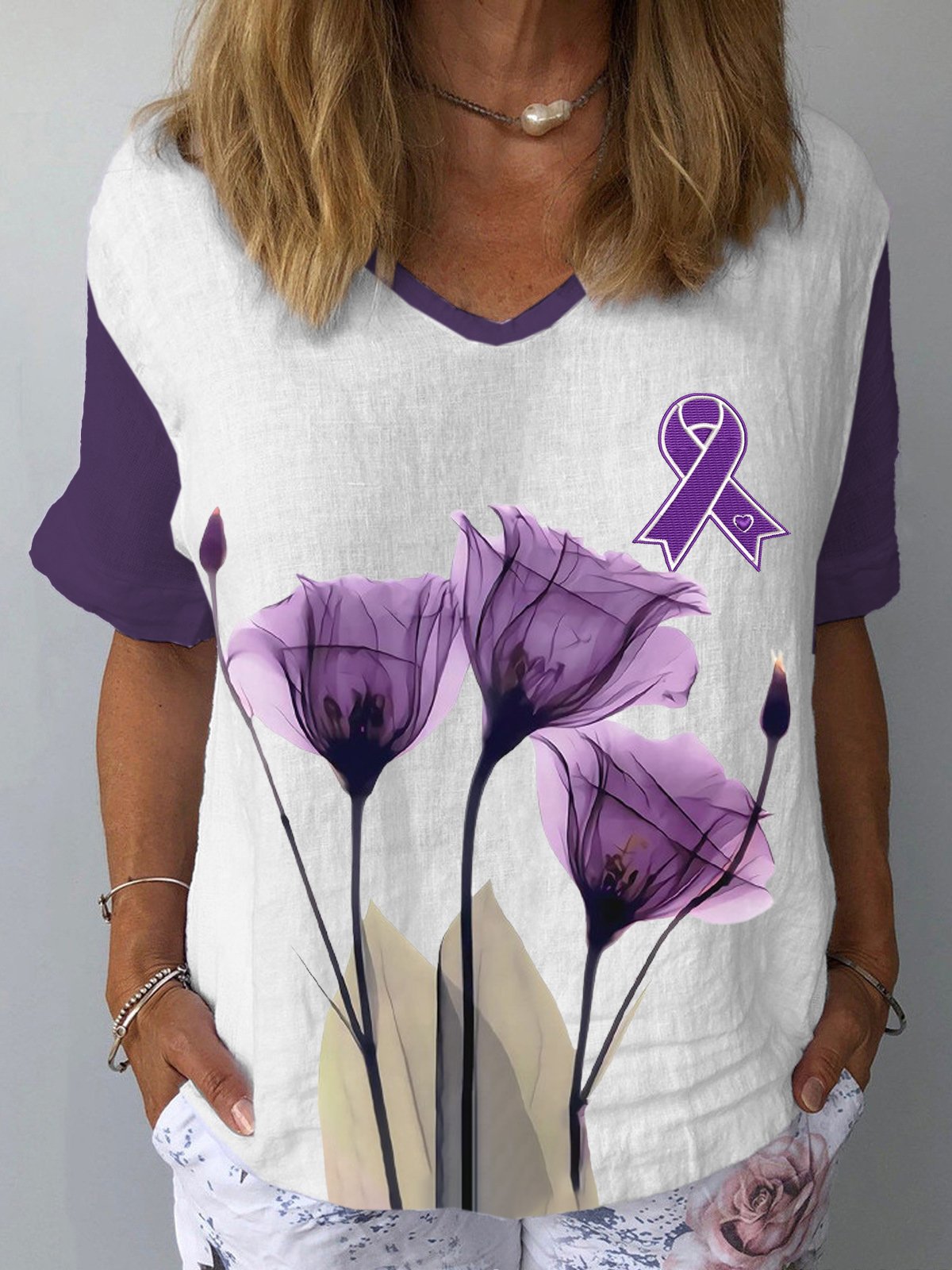 Women's Purple Alzheimer Awareness Flowers Print Top