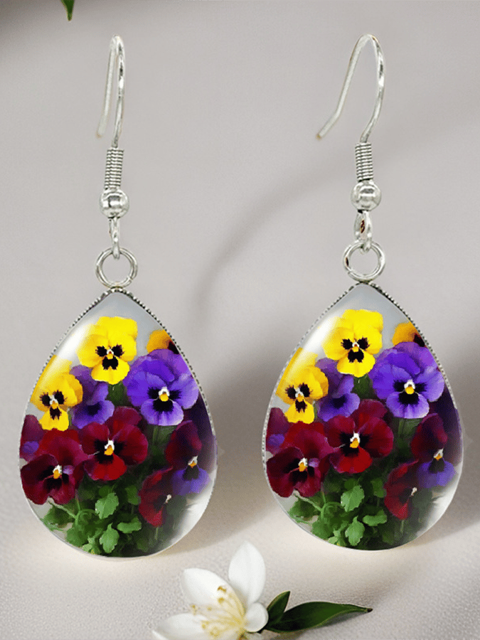 Purple Drop-Shaped Pansy Flower Design Earrings