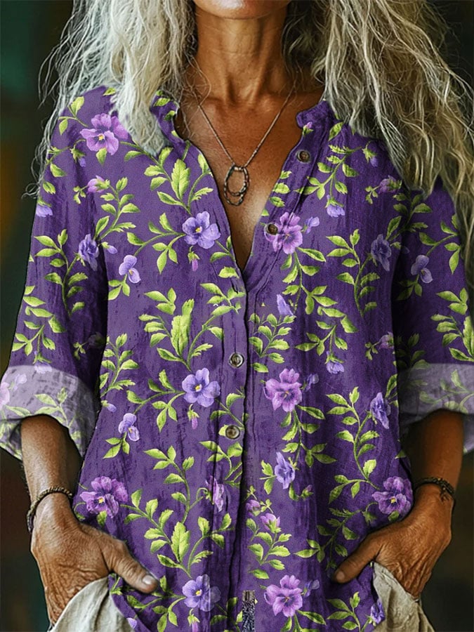 Women's Alzheimer's Purple Floral Print Lapel Shirt