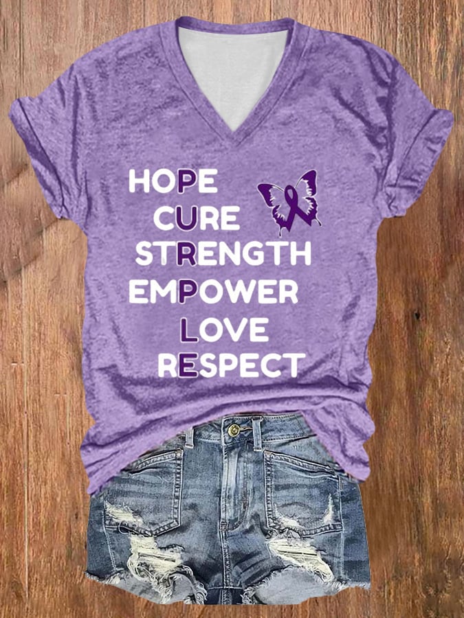 Women's Alzheimer Awareness Purple Butterfly Fighting Print T-Shirt