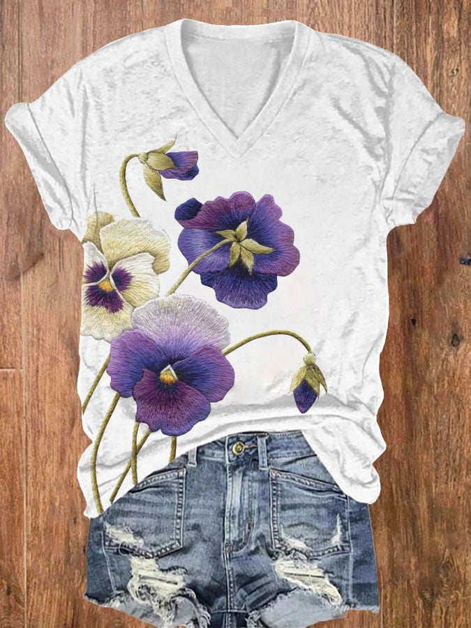 Women's Alzheimer's Purple Floral Print V-Neck T-Shirt
