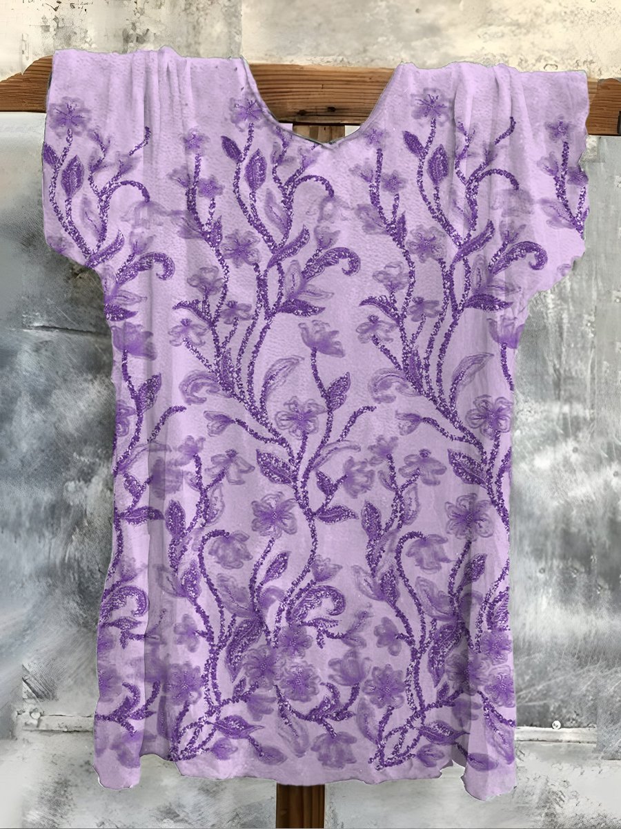 Women's Retro Purple Floral Print T-Shirt