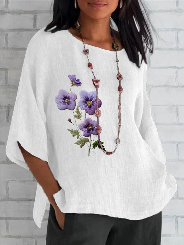 Women's Round Neck Purple Floral Print Round Neck Loose Shirt