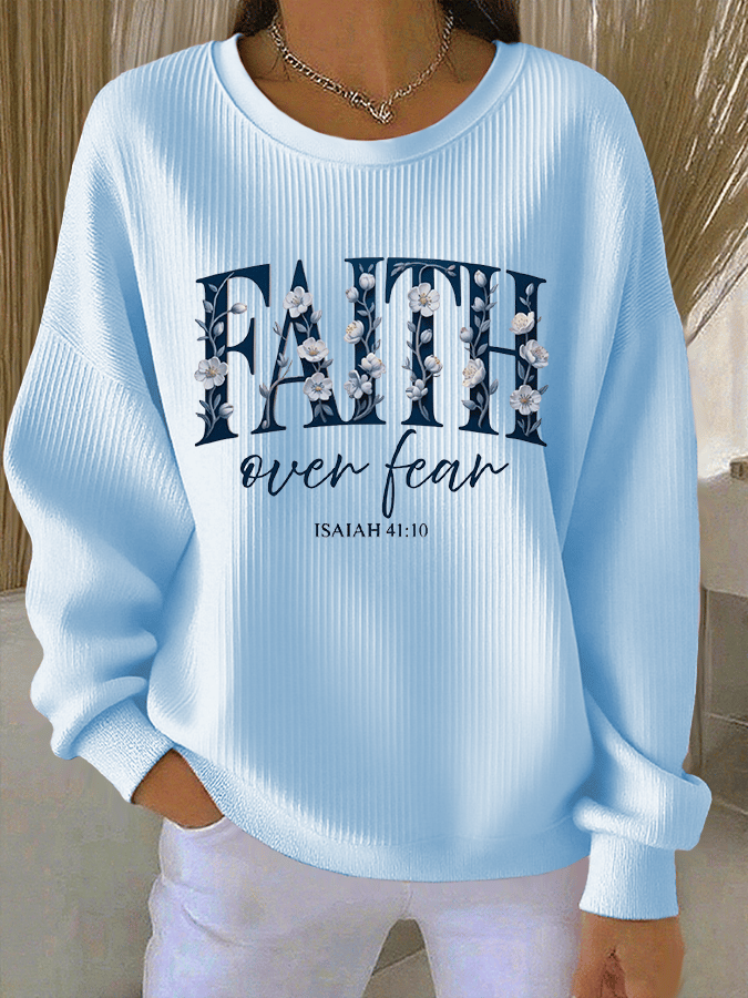 Women's Faith Print Knit Crew Neck Long Sleeve Top
