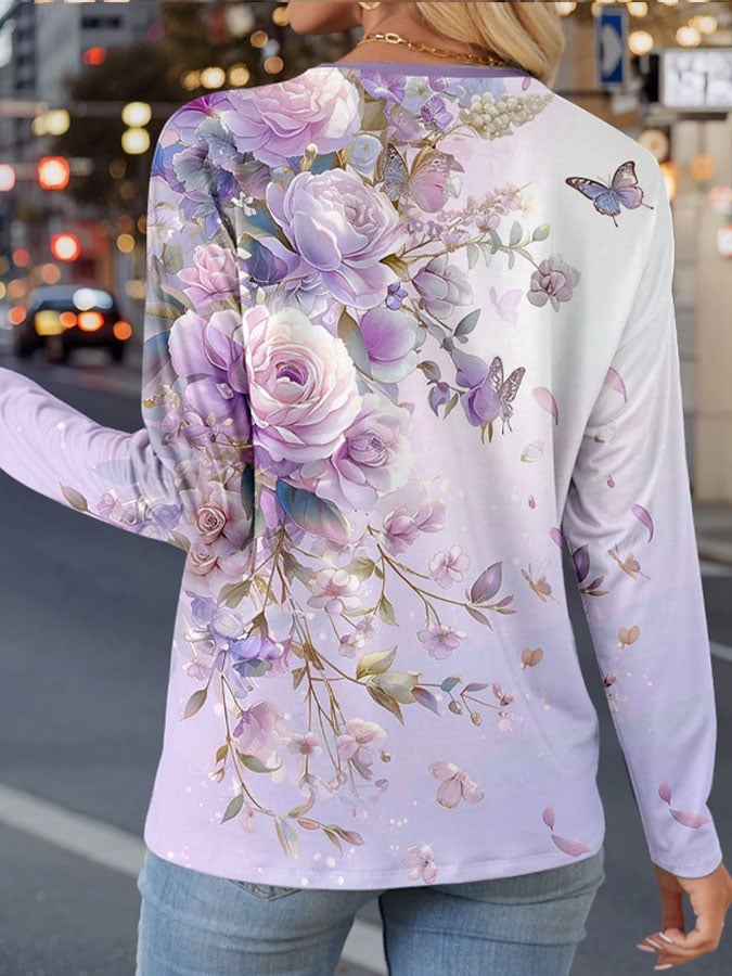 Women's Floral Dementia Alzheimer's Disease Awareness Print Button Collar Top