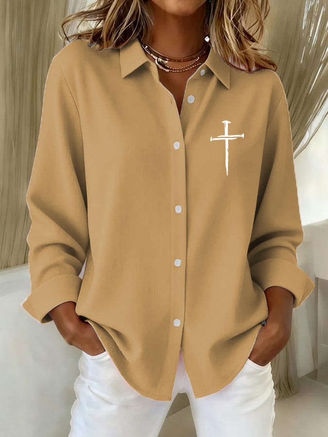 Women's Vintage Faith Cross Print Casual Shirt