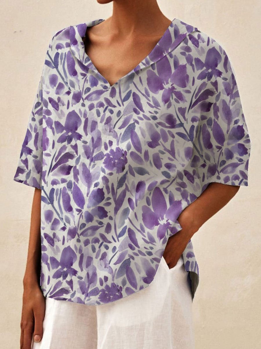 Women's Floral Print Casual Linen Shirt