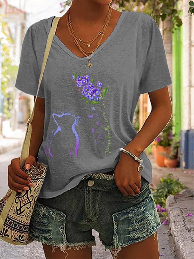 Women's Paws For The Cure Dementia Alzheimer's Disease Awareness Print V-Neck T-Shirt