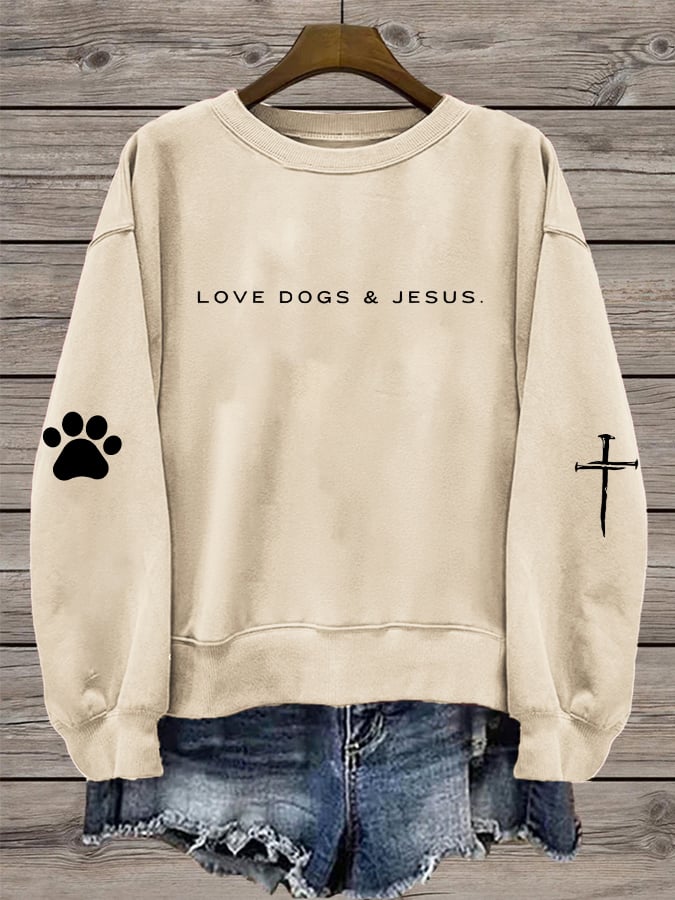 Women's Love Dog and Jesus Print Round Neck Sweatshirt