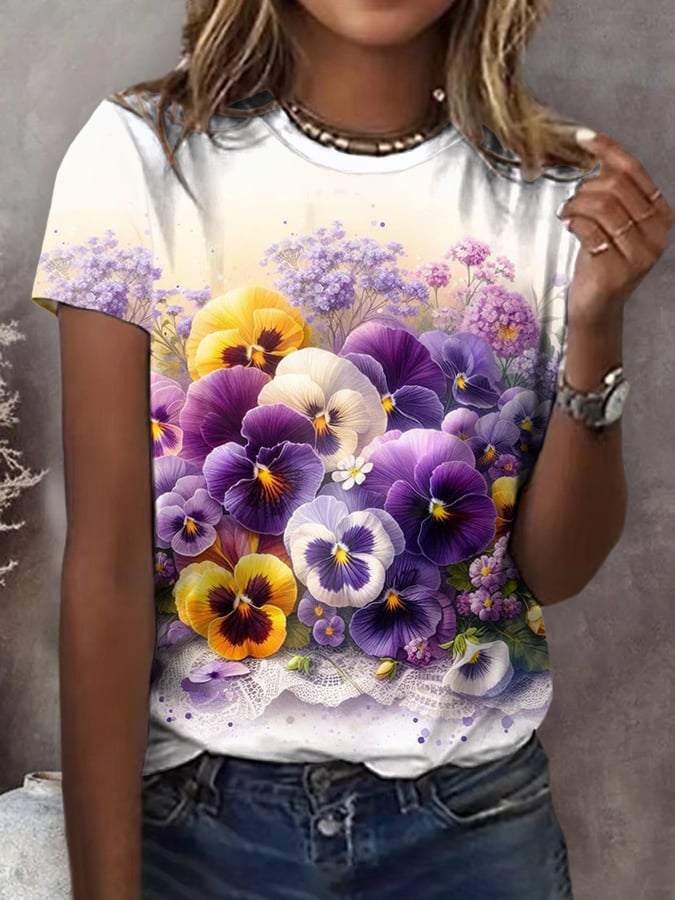 Women's Casual Retro Purple Floral T-Shirt