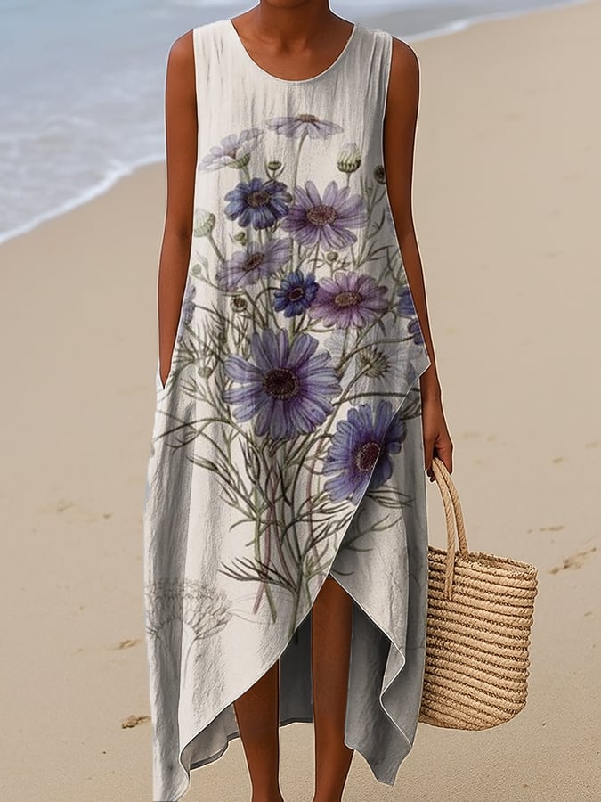 Women's Purple Vintage Floral Print Irregular Hem Sleeveless Dress